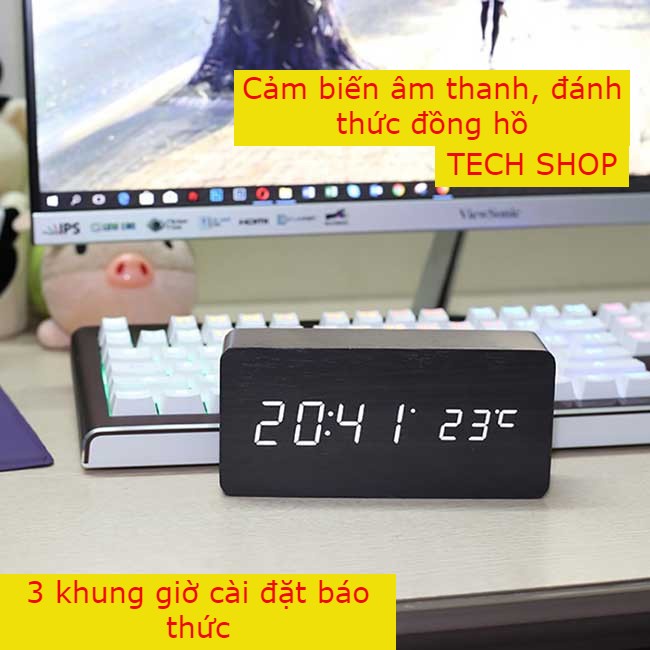 Đồng hồ led gỗ để bàn hiển thị giờ, lịch ngày tháng, hẹn giờ, báo thức, trang trí phòng ngủ