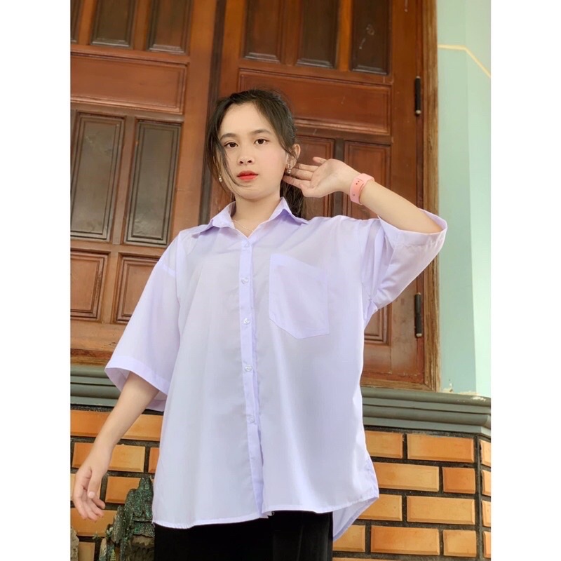 Áo sơmi trắng cốc tay from rộng có túi ở ngực