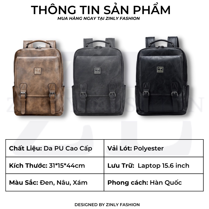 Balo da nam, balo da nữ chất liệu da PU cao cấp, balo đựng lap top 15.6inch  - ZINLY