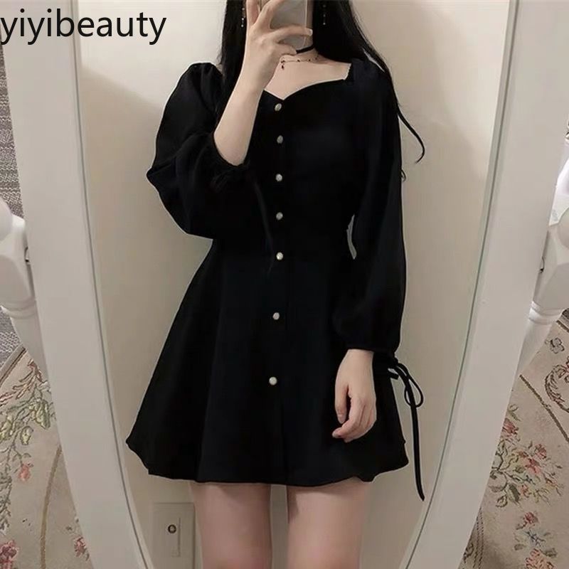 Đầm ngắn tay phồng eo cao dáng ôm phối một hàng nút phong cách mùa thu Hàn Quốc cho nữ | BigBuy360 - bigbuy360.vn