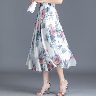 Chiffon Floral Skirt long skirt, high waist and thin A-line skirt, printed skirt, large swing skirt, mid-length skirt