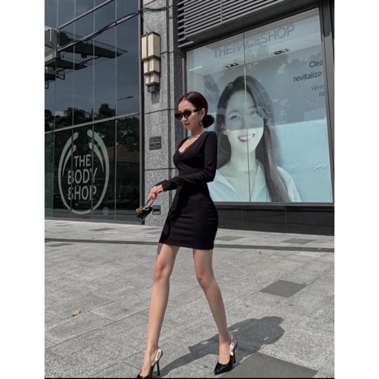Đầm ôm body cổ V hở lưng sexy viền ren chất thun Gân Len dày dặn co giãn 4 chiều có ảnh thật chính chủ