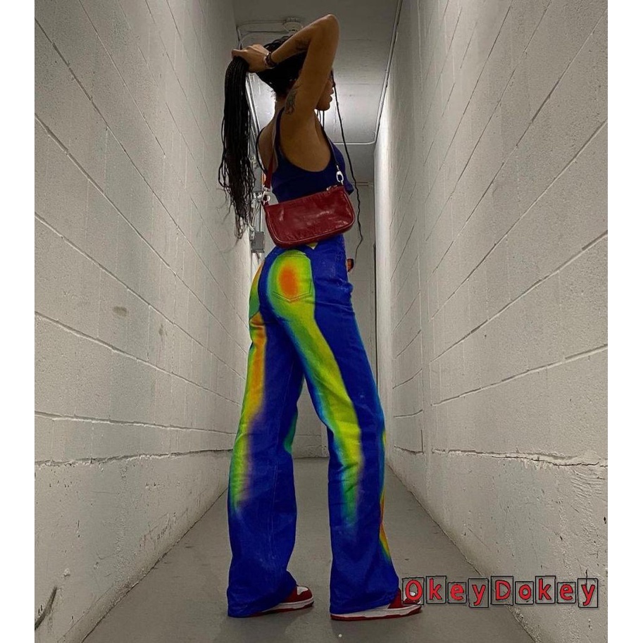 Quần ống rộng Lưng Cao Nhuộm Màu Độc Đáo Thời Trang Đường Phố Cho Nữ OKDK-Y2K