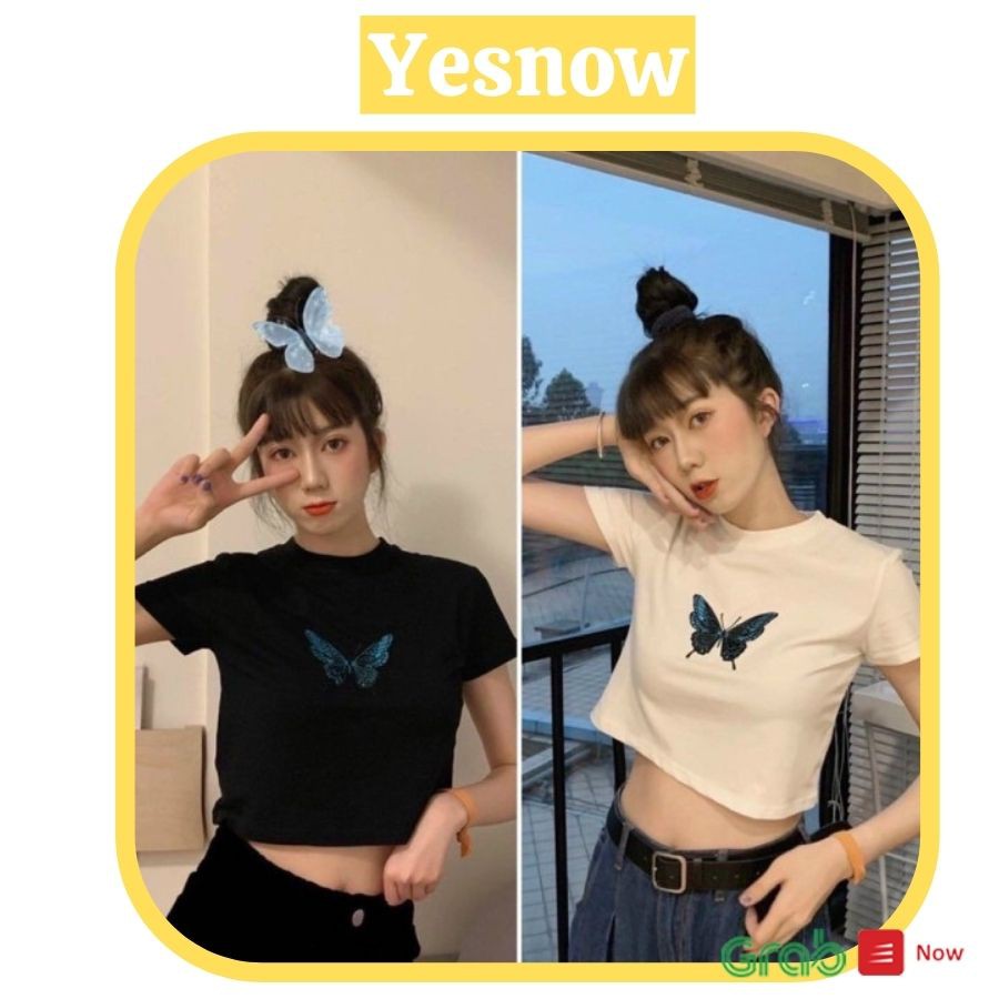 Áo Croptop tay ngắn thêu hình bướm siêu xinh - áo croptop tay ngắn siêu hot 2 màu trắng- màu đen