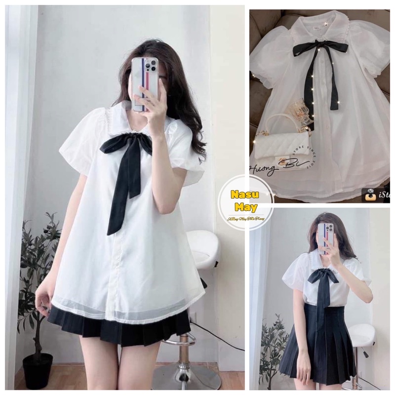 Áo Sơ Mi Nơ Cổ Chất Voan 2 Lớp Xinh Xắn