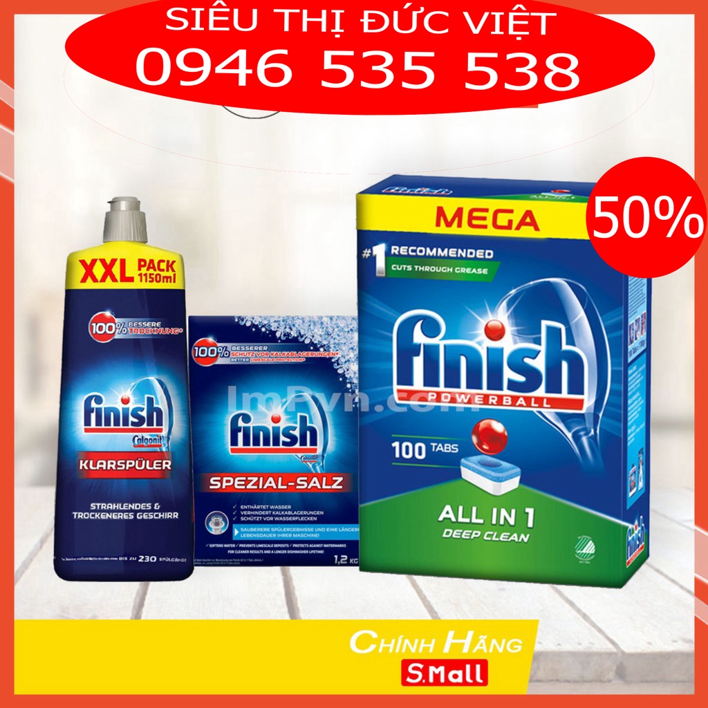 Combo rửa bát Finish Hộp All in one 100 viên, Muối 1.2kg, Nước làm bóng 1150ml - siêu thị đức viêt