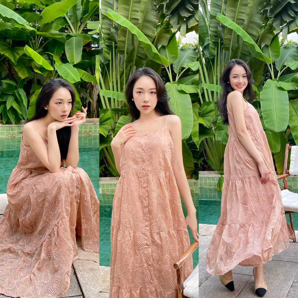 Đầm maxi ren hoa thêu hai dây màu hồng dâu D730