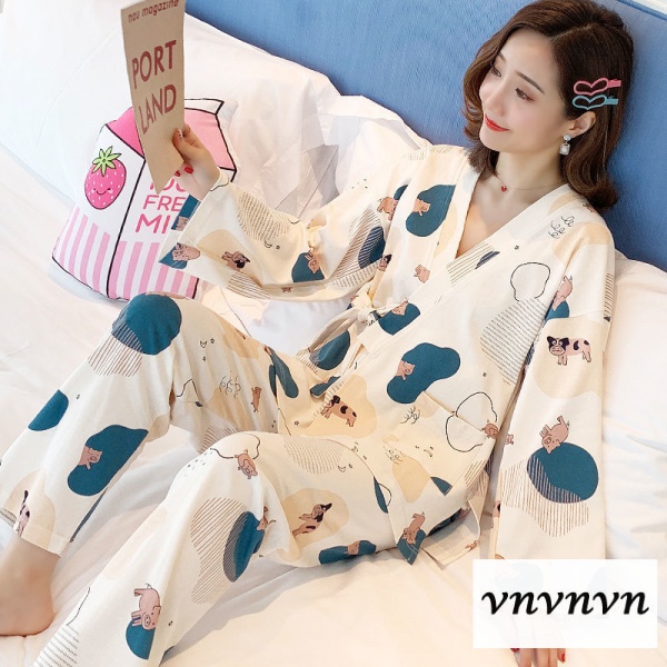 Thời Trang Nữ Bộ Đồ Ngủ Tay Dài Kiểu Kimono Nhật Bản Thời Trang Mùa Thu Cho Nữ