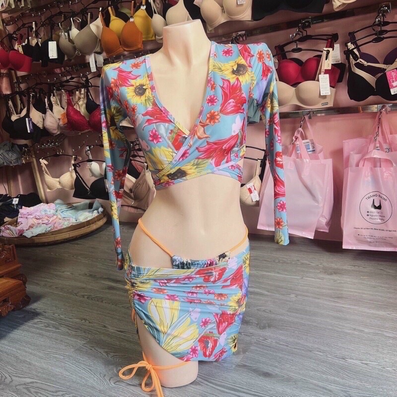 [ HÀNG CAO CẤP+ VẢI DÀY ] Bikini set 3 món tay dài hoa cột nơ phong cách sexy quyến rũ