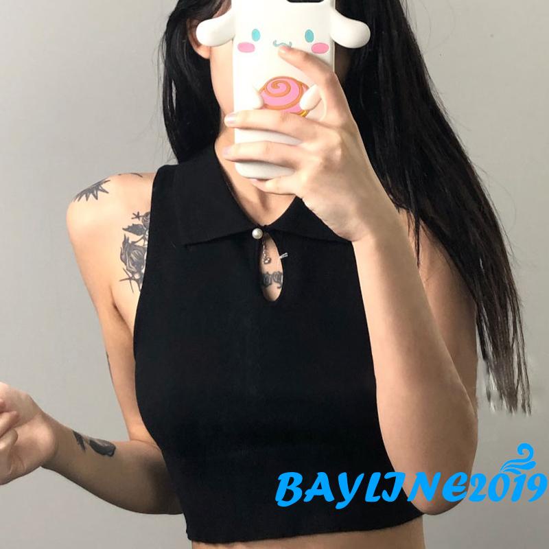 Áo Croptop Dệt Kim Sát Nách Cổ Bẻ Màu Trơn Thời Trang Mùa Hè Cho Nữ