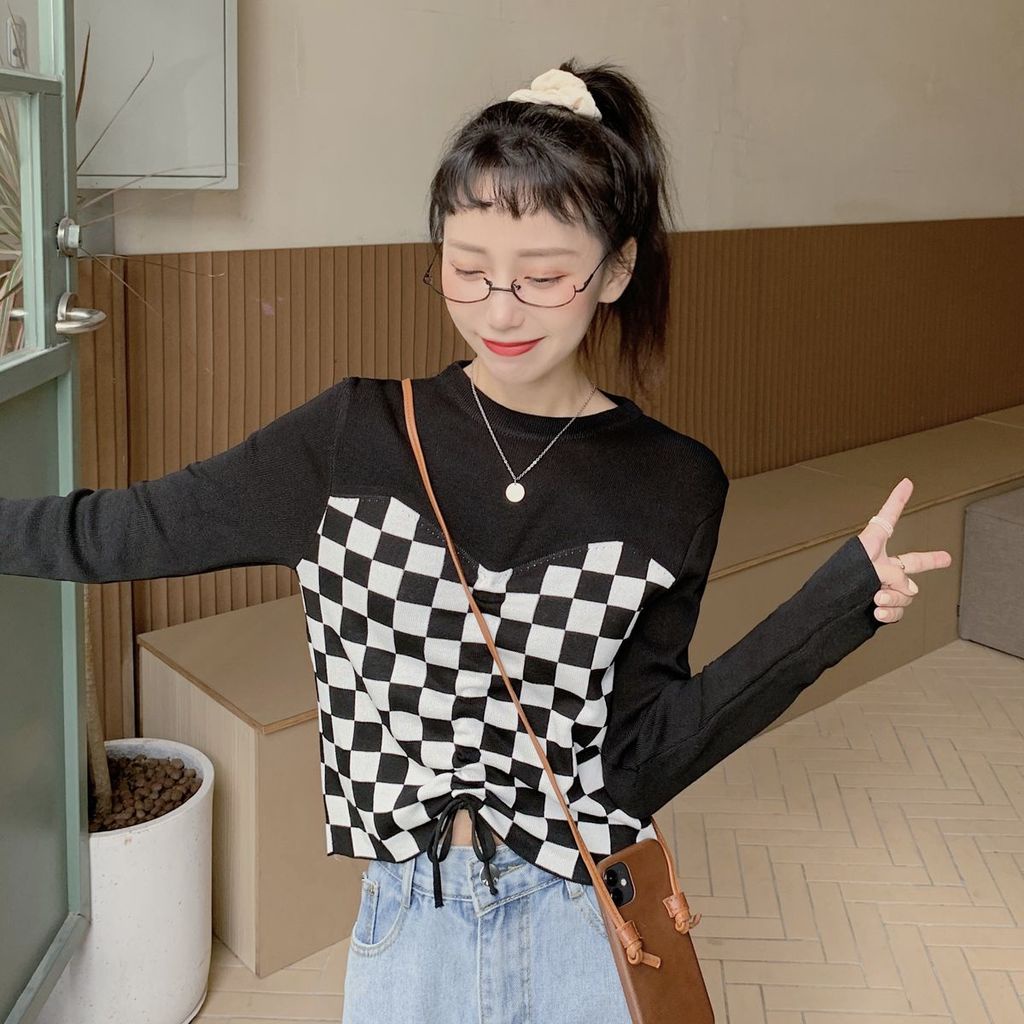 Áo thun tay dài giả hai lớp phối dây rút trước ngực họa tiết caro thời trang cho nữ