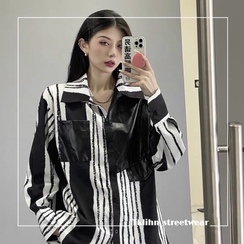 TKLIHN Áo sơ mi UNISEX kẻ sọc đen trắng thiết kế CÁ TÍNH hot fashion 2021