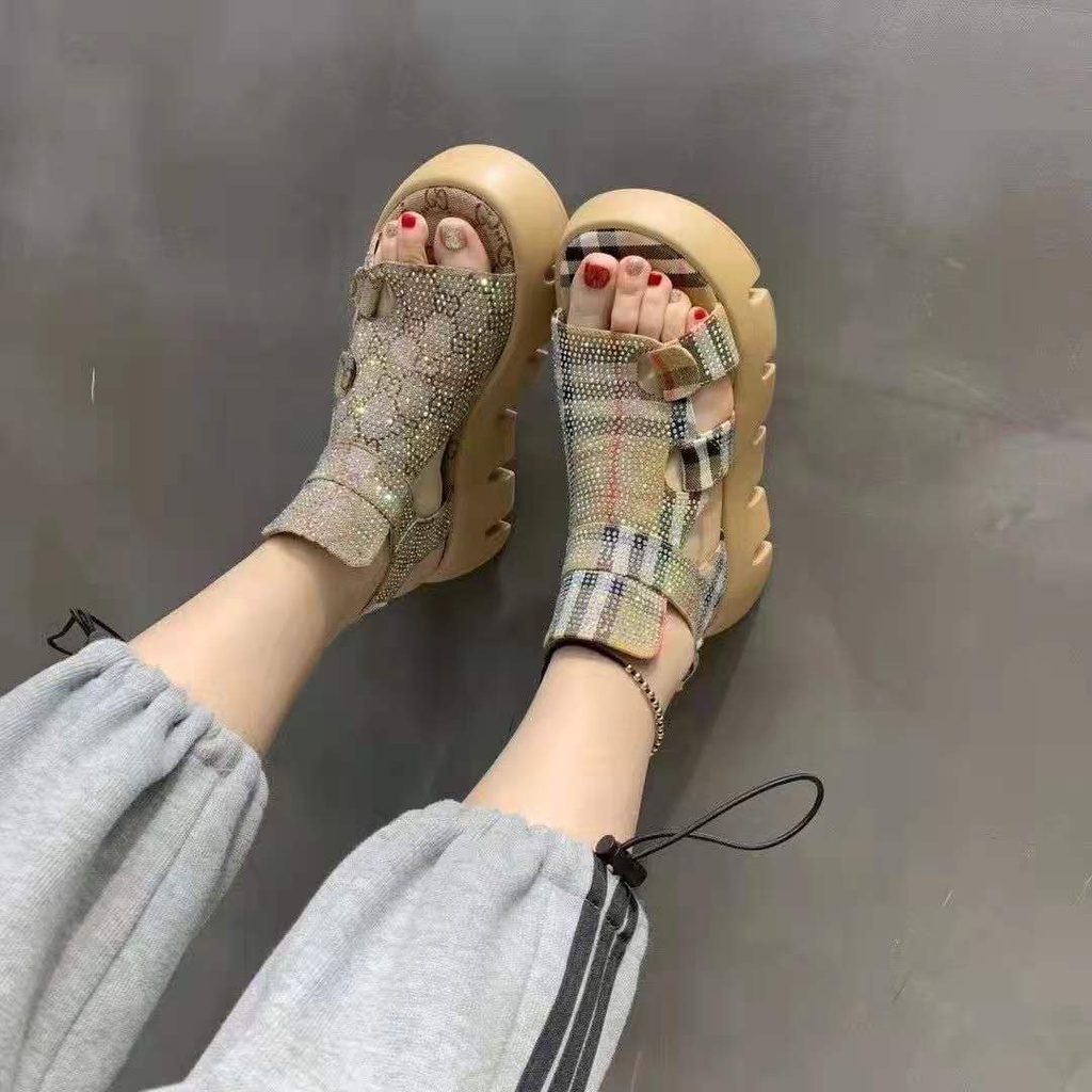 Giày Sandal Hở Ngón Đế Dày Tăng Chiều Cao Phối Khóa Dán Thời Trang Mùa Hè Cho Nữ