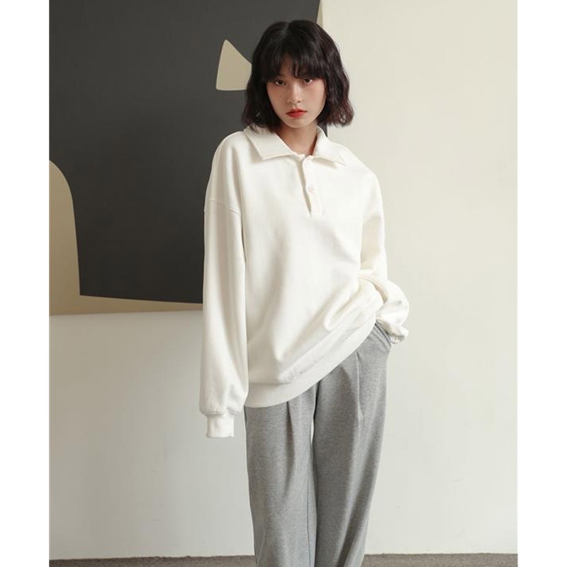Áo sweater trắng dáng rộng cổ polo thiết kế mới thời trang thu đông 2023 Hàn Quốc cho nữ