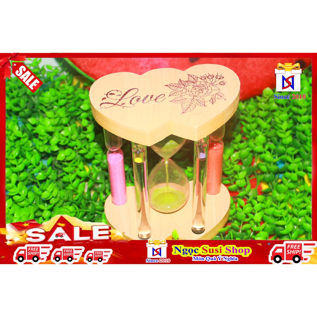 [LỖI LÀ ĐỔI] Đồng Hồ Cát Hình Trái Tim 5 Ống Khắc Laser Love Lớn 17cm [RẺ VÔ ĐỊCH]