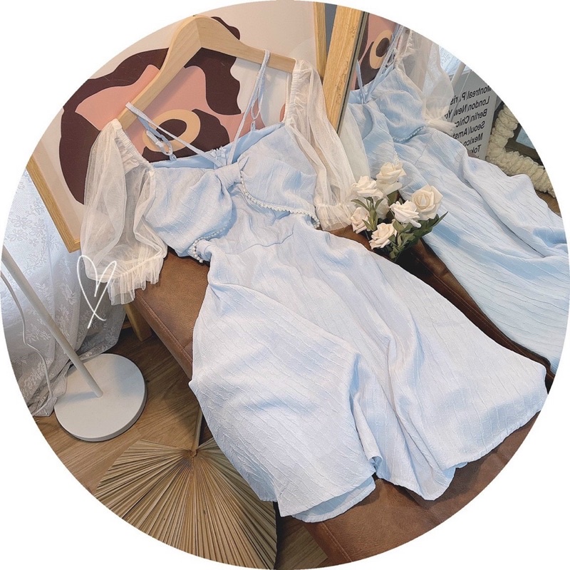 ĐẦM XANH NƠ NGỰC DÂY CHÉO CỔ TAY PHỐI KEM