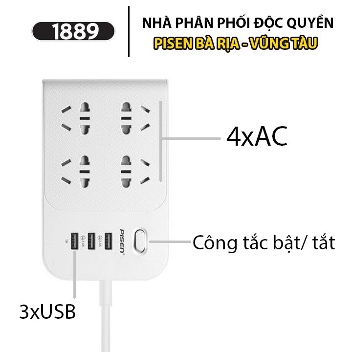 Ổ Cắm Điện Đa Năng Pisen Power Socket BH-43 Dán Trên Nhiều Bề Mặt (4xAC + 3xUSB) - Tính Năng Chống Giật Điện An Toàn