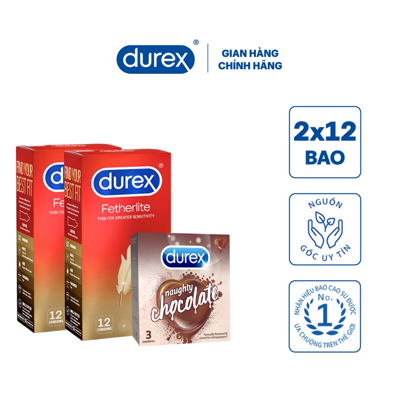 Bộ 2 Bao cao su Durex Fetherlite (12 bao/hộp) + Tặng 1 hộp Durex Naughty Chocolate (3 bao/hộp)