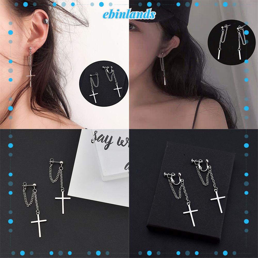 Khuyên Tai Dây Xích Hình Thánh Giá Phong Cách Đường Phố Siêu Ngầu Không Xỏ