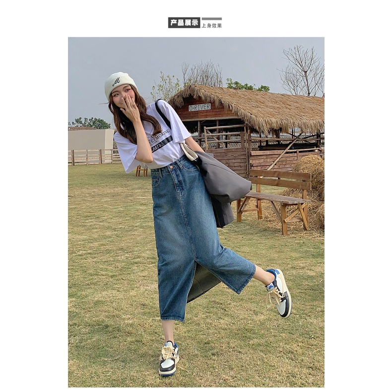 Chân váy jean dáng chữ A dài lưng cao thiết kế xẻ tà phong cách Mỹ retro thời trang mới dành cho nữ