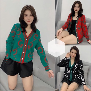 Áo cadigan len cho nữ cổ tim cúc cài họa tiết GG, Lv chất len dày dặn siêu ấm,siêu đẹp - áo len mùa đông nữ