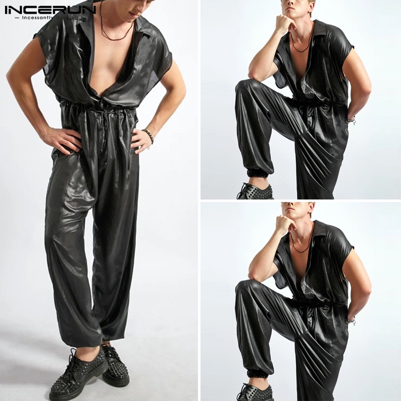 Incerun Bộ Áo Liền Quần Giả Da Dáng Rộng Không Tay Ướt Nhìn Phong Cách Hippie Cho Nam