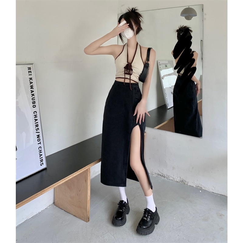 Chân váy jean Lưng Cao Dáng Chữ a Xẻ Tà Phong Cách Hàn Quốc Thời Trang Cho Nữ