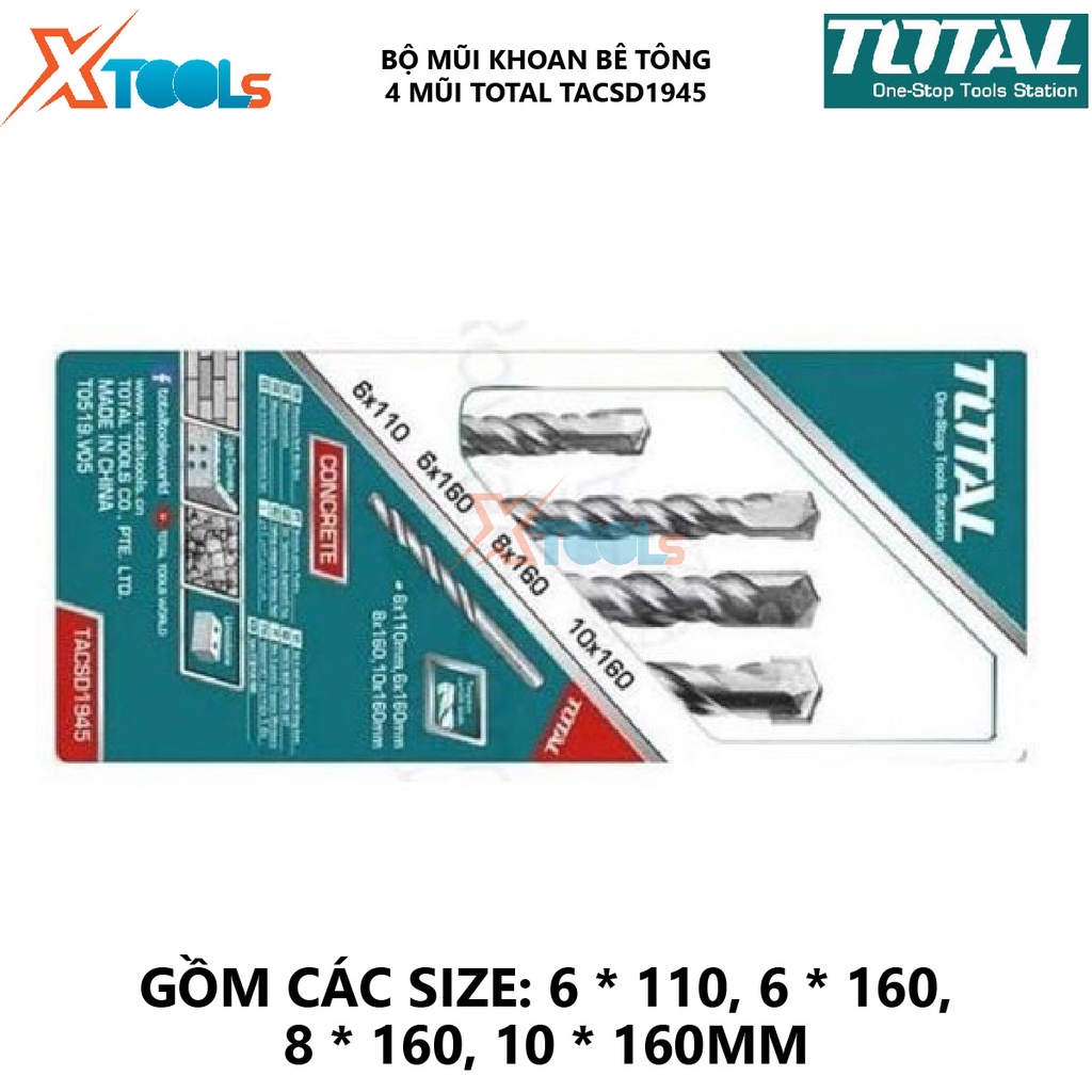 Bộ 4 mũi khoan bê tông TOTAL TACSD1945 combo 4 mũi đục bê tông hỗ trợ khoét lỗ trên bề mặt vật liệu như sắt, thép, gỗ, b