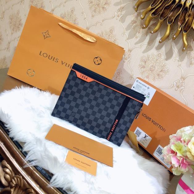 [Ảnh thật] VÍ clutch cầm tay doanh nhân LV SUPER VIP ‼️ fullbox , túi vải , card LOUIS VUITTON viền cam ô đen