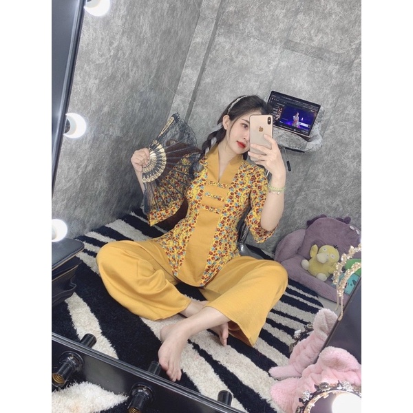 ĐỒ BỘ ĐI CHÙA-MẪU BÀ LAI HOA NHÍ PHỐI LỤA