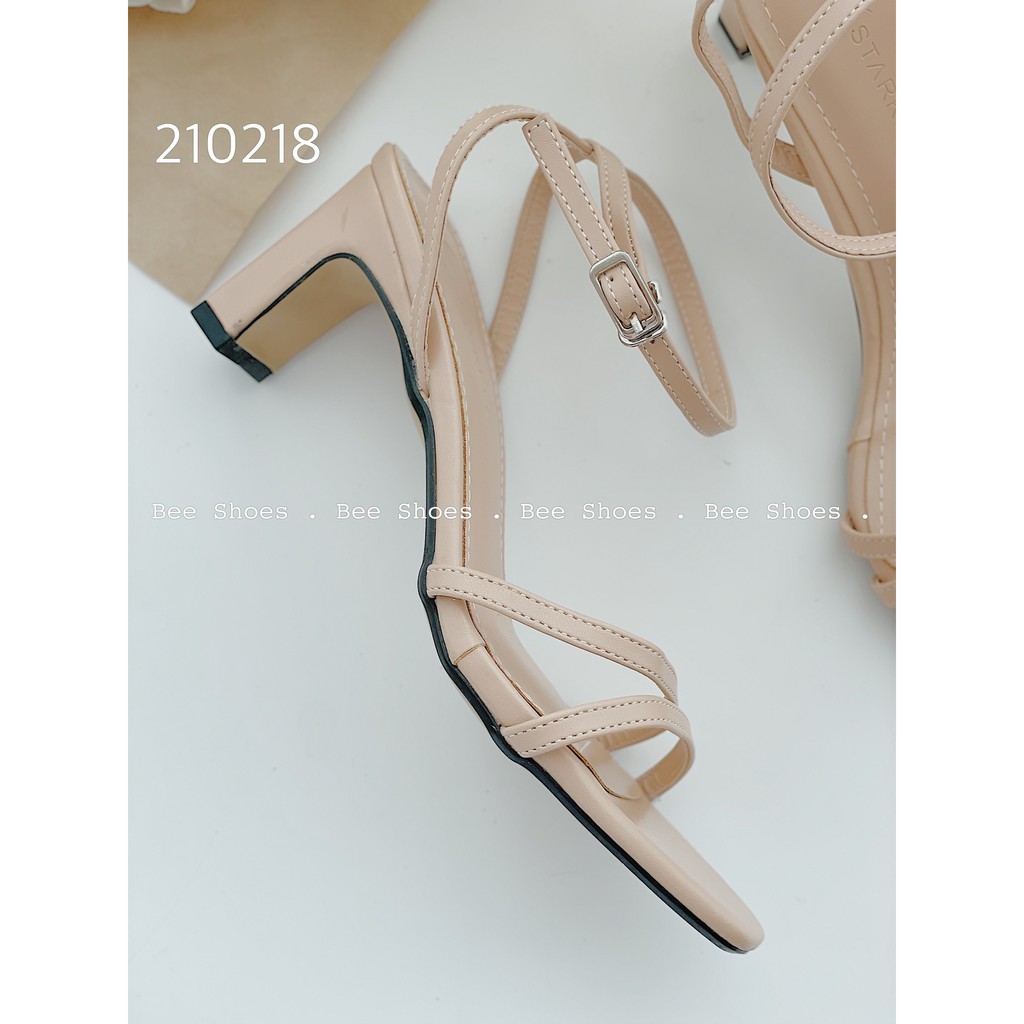 BEESHOES - SANDAL MŨI VUÔNG GÓT DẸP CAO 7 PHÂN - SANDAL QUAI NGANG 2 MẢNH CHẤT DA ĐI ÊM CHÂN SẴN MÀU ĐEN-TRẮNG-BE 210218