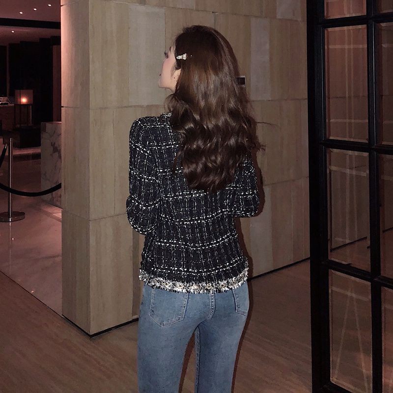 Áo khoác dạ nữ tweed áo khoác ngắn kẻ A21