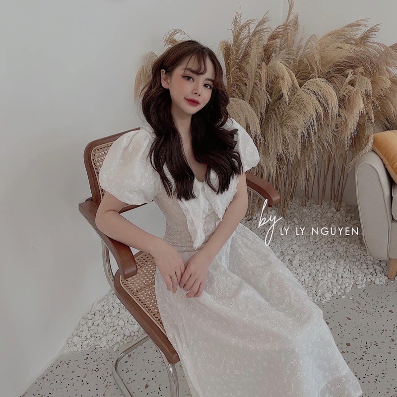 Váy hoa ren cổ bẻ  Chất thô hoa dệt nổi lót lớp cotton | BigBuy360 - bigbuy360.vn