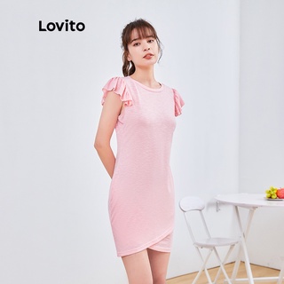 113XJ 15de-624 DELIST VN Đầm mini Lovito dáng ôm cổ tròn viền xếp nếp L03141 (màu hồng)