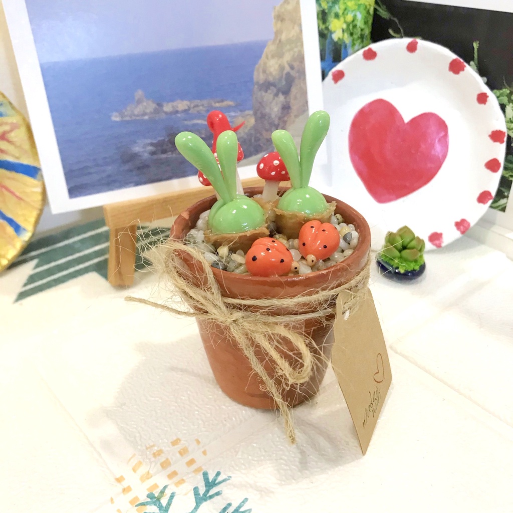 Chậu sen đá tai thỏ xanh size trung, sen đá làm từ đất sét