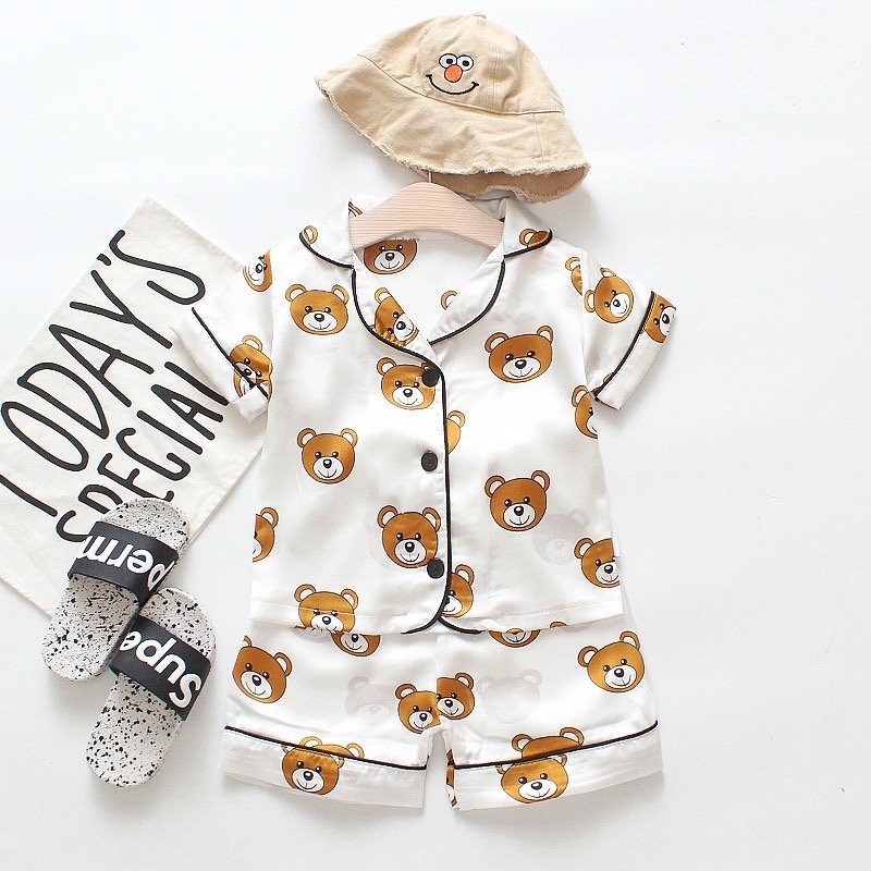 Pijama Cộc Tay In Hình Gấu Cho Bé Trai Bé Gái Mặc Đều Xinh,  Đô Ngủ Cộc Tay Cho Bé Từ 7-28kg - MINKY BABY