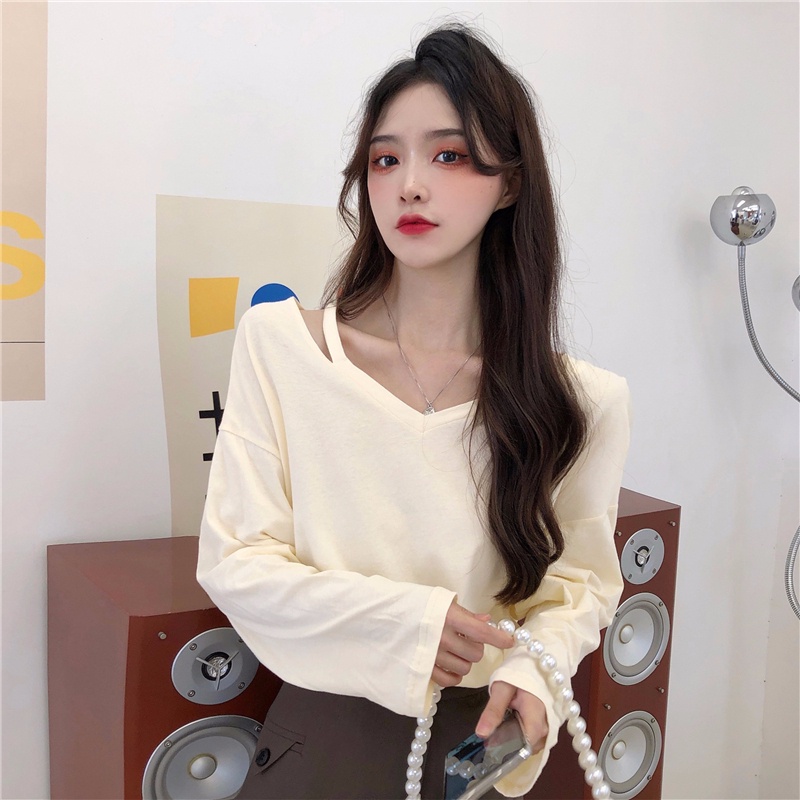 ZHELIHANGFEI Áo Thun Tay Dài Cổ Chữ V Form Rộng Kiểu Dáng Đơn Giản Dễ Phối Đồ