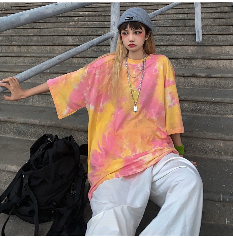 SUXI Áo Thun Tay Ngắn Phối Màu Nhuộm Độc Đáo Cá Tính Phong Cách Retro Hàn Quốc