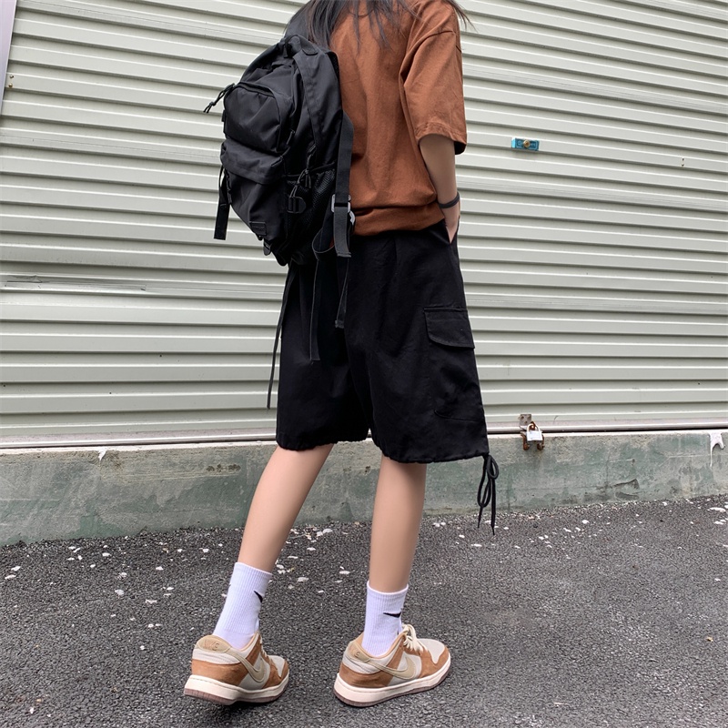 Quần ngắn ống rộng Lưng Cao Phối Dây Rút Có 3 Màu Thời Trang Retro Cho Nữ