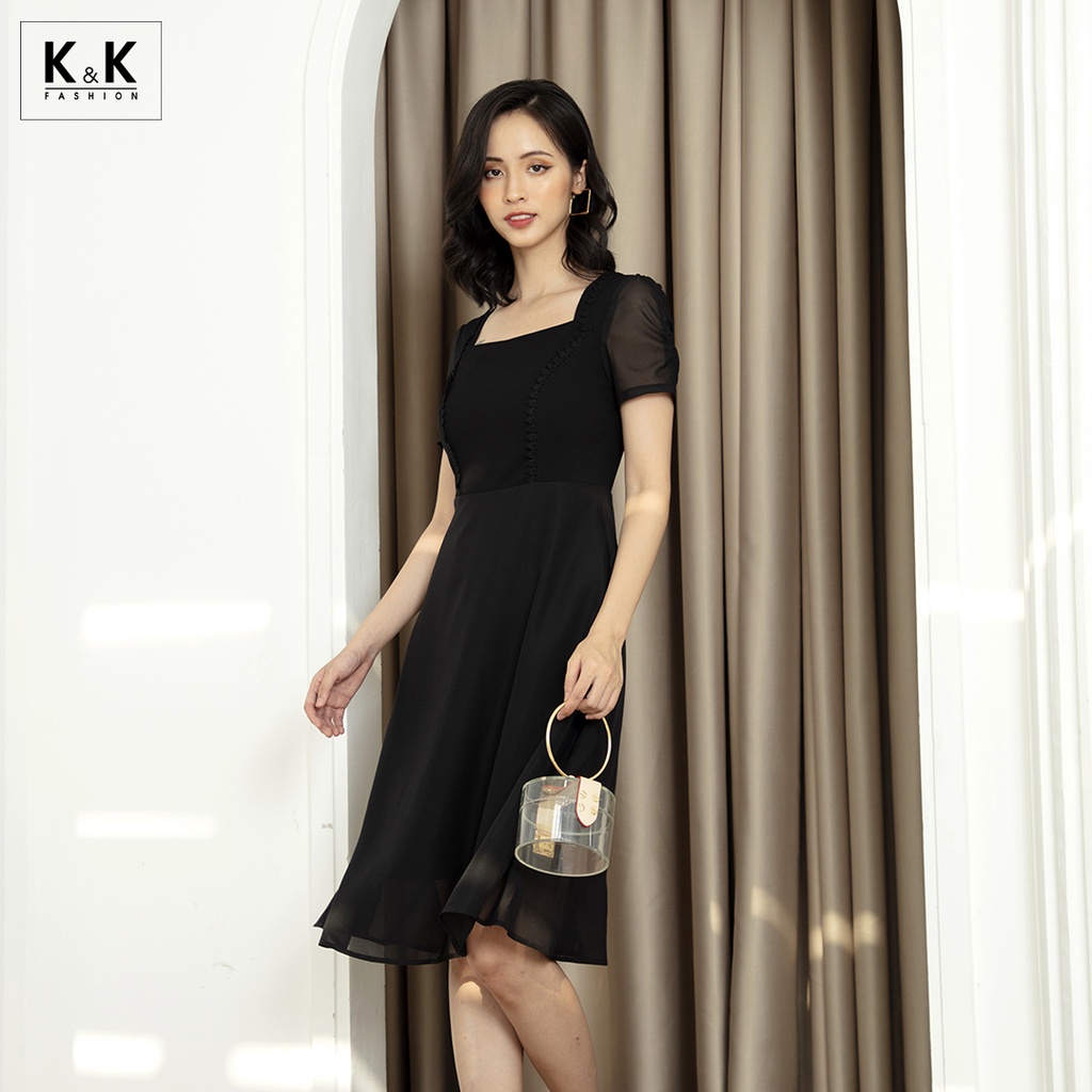 Đầm Voan Xòe Cổ Vuông Tay Ngắn K&K Fashion KK105-32 Màu Đen