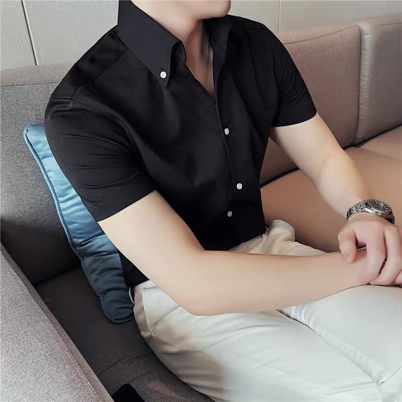 Áo Sơ Mi Nam Cổ Cao Kiểu Mới Cộc Tay,Phong Cách Hàn Quốc, Vải Lụa Cao Cấp , Fom Slimfit Ôm Body , Co Giãn Mặc Thoải Mái