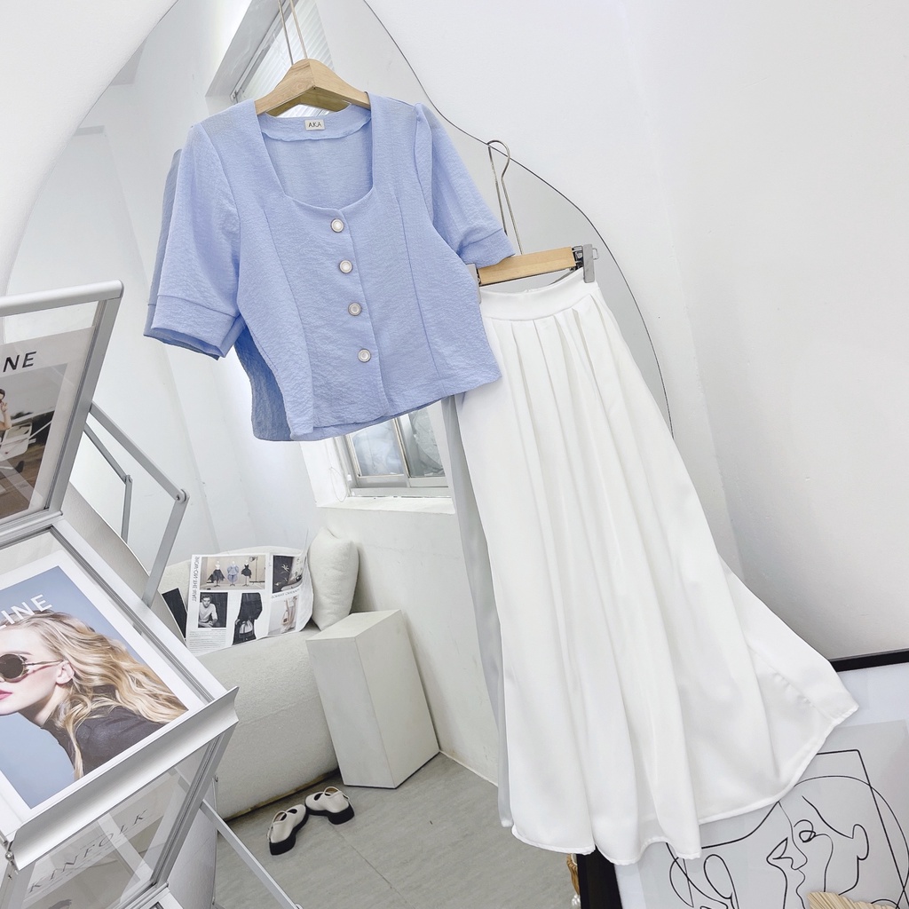 SET ÁO XANH CROPTOP CỔ VUÔNG PHỒNG + CHÂN VÁY MIDI TRẮNG