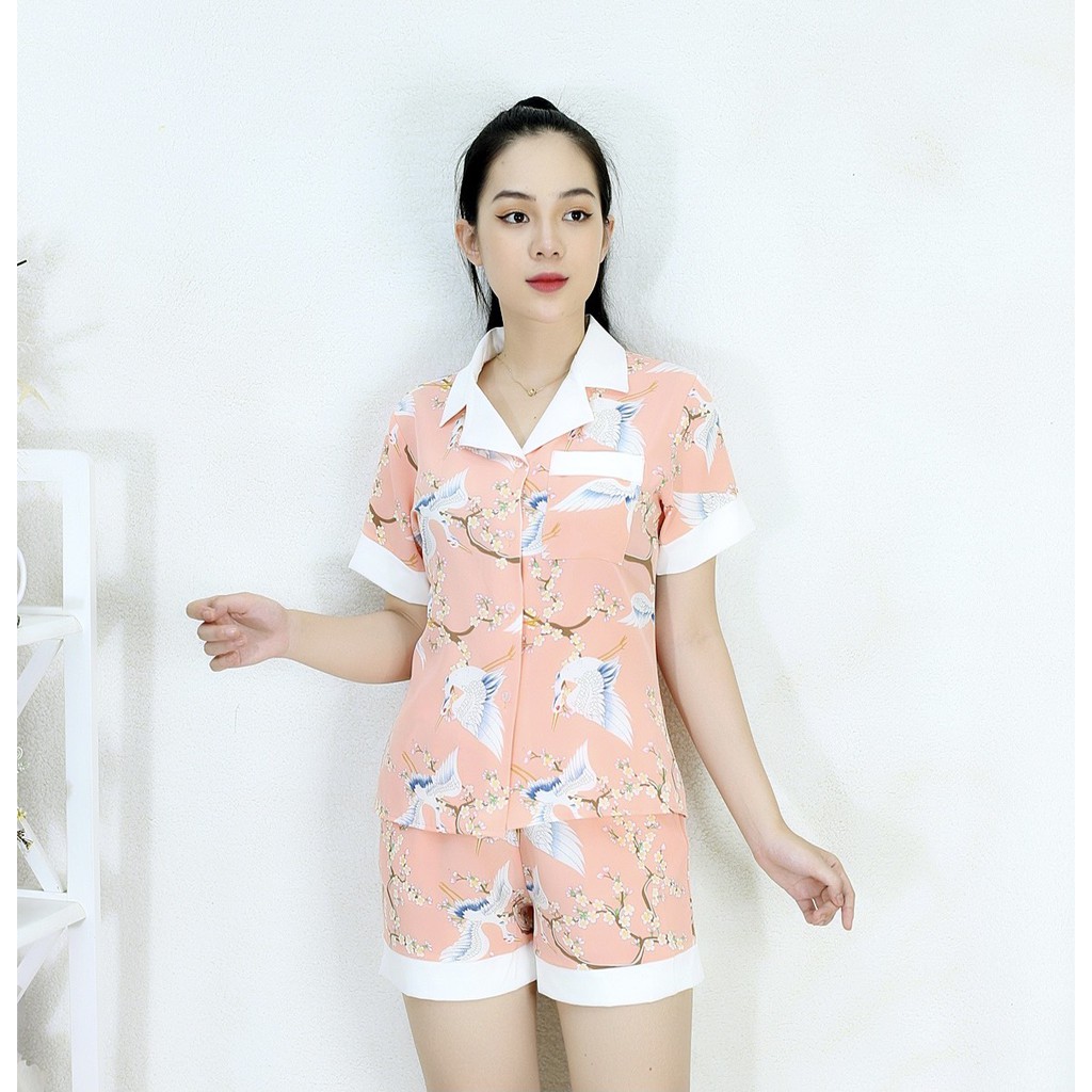 [HÌNH THẬT] Bộ đồ Pijama ngắn mặc nhà CON CÒ HỒNG  PHA CỔ TRẮNG - Vải Siêu Lụa Cao Cấp - Mềm Mại Êm Ái
