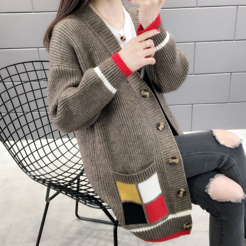 Áo Khoác Dệt Kim Tay Dài Màu Sắc Tương Phản Phong Cách Hàn Quốc Thời Trang Mùa Thu Cho Nữ