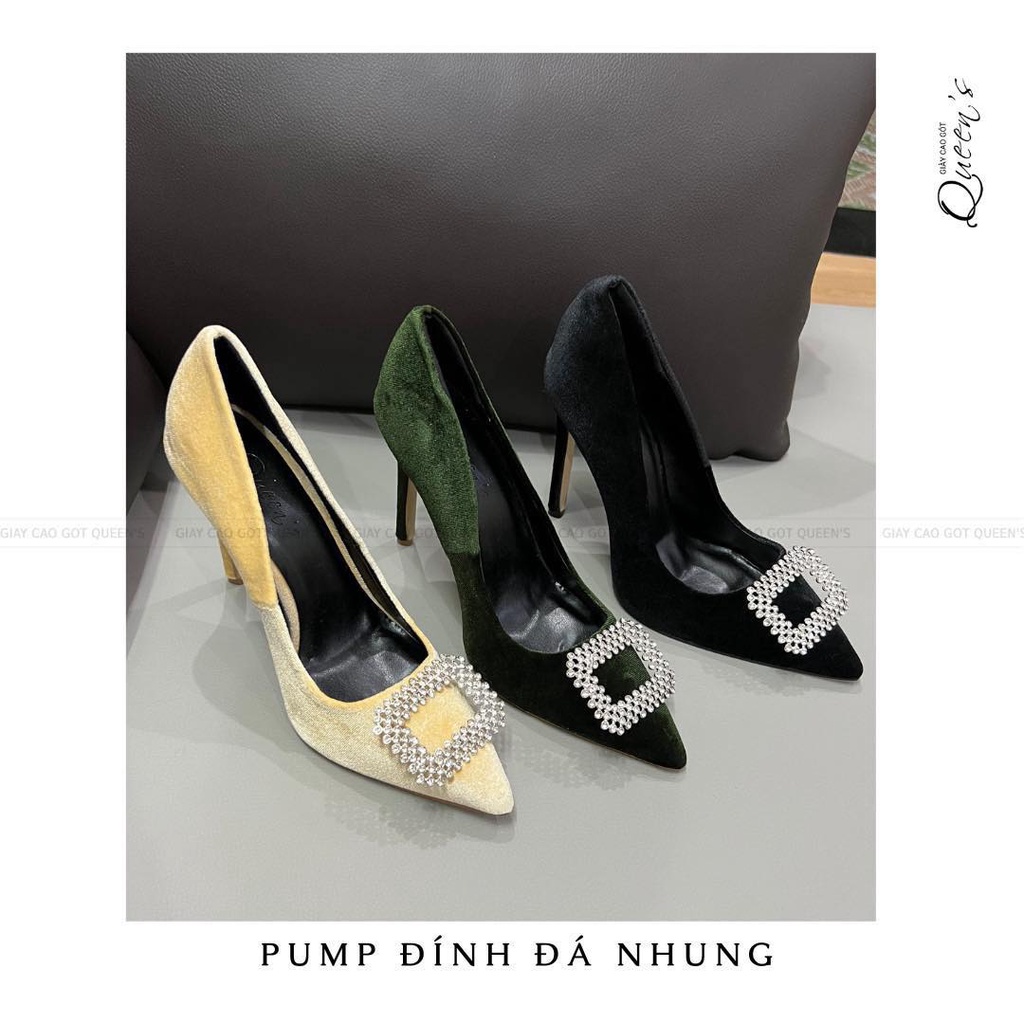 Giày Cao Gót Nữ Màu Đen Nhung Đính Đá Hoa Dạng Pump Mũi Nhọn Gót Nhọn Êm Ái Sang Trọng Cho Nữ Dự Tiệc Cao 9-11 Phân