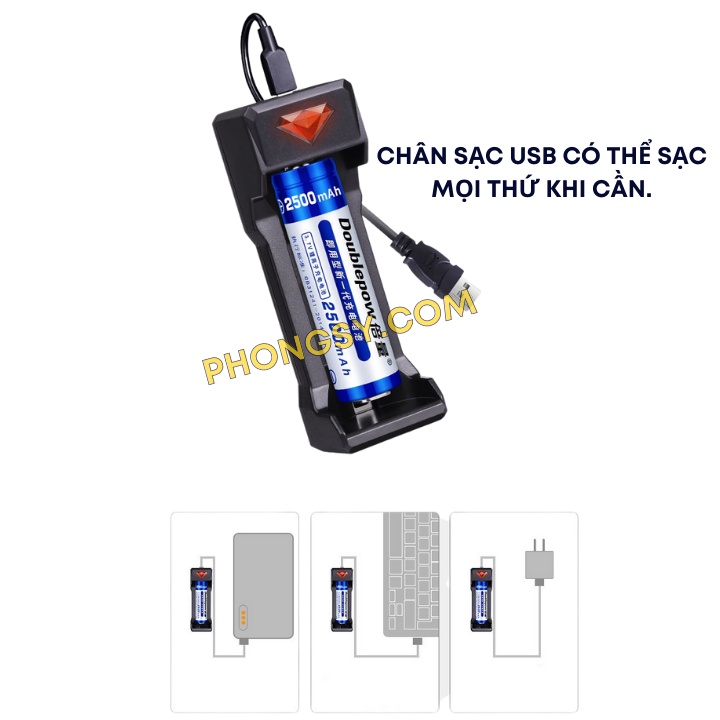 Bộ sạc pin thông minh tự ngắt 1 khe cắm USB cho Li-ion 18650 chính hãng Doublepow
