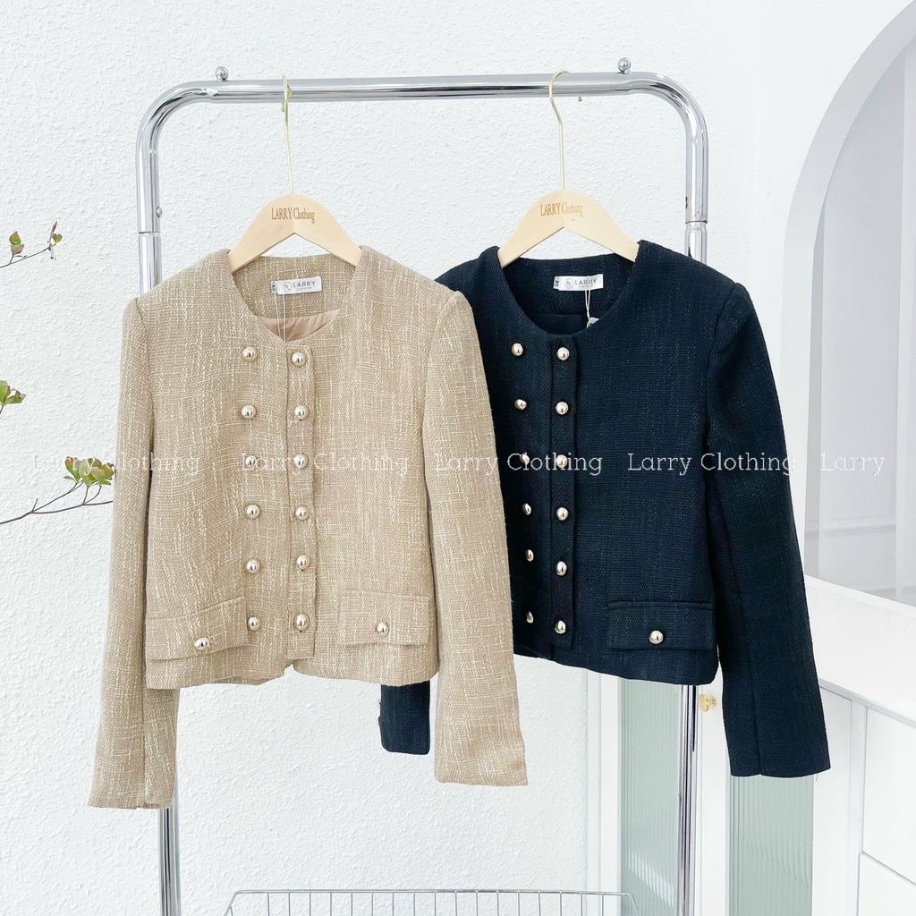 Áo dạ tweed nữ thiết kế tay dài dáng ngắn màu be hai hàng cúc bọc sang chảnh thời trang thiết kế Larry Clothing A733