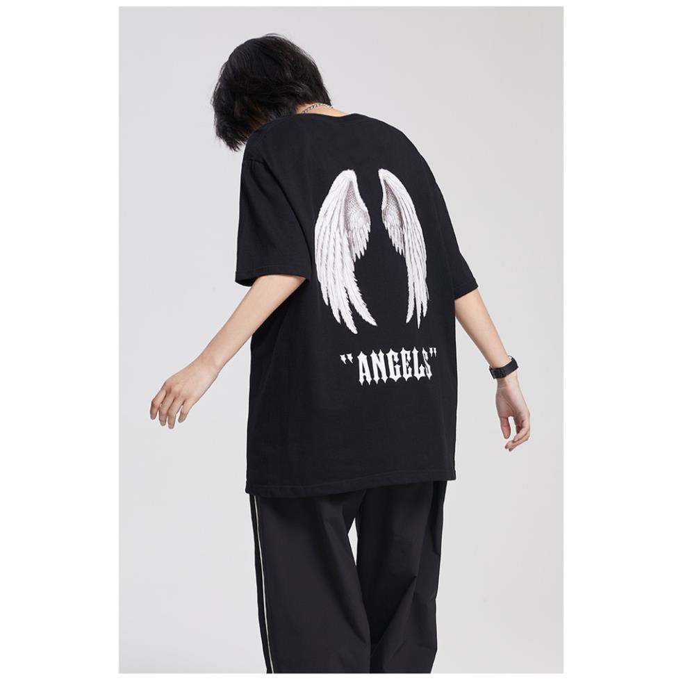 Áo thun tay lỡ cánh thiên thần ANGLE in nổi 2 mặt, áo phông nữ unisex form rộng ,JASHOP -YNSHOP