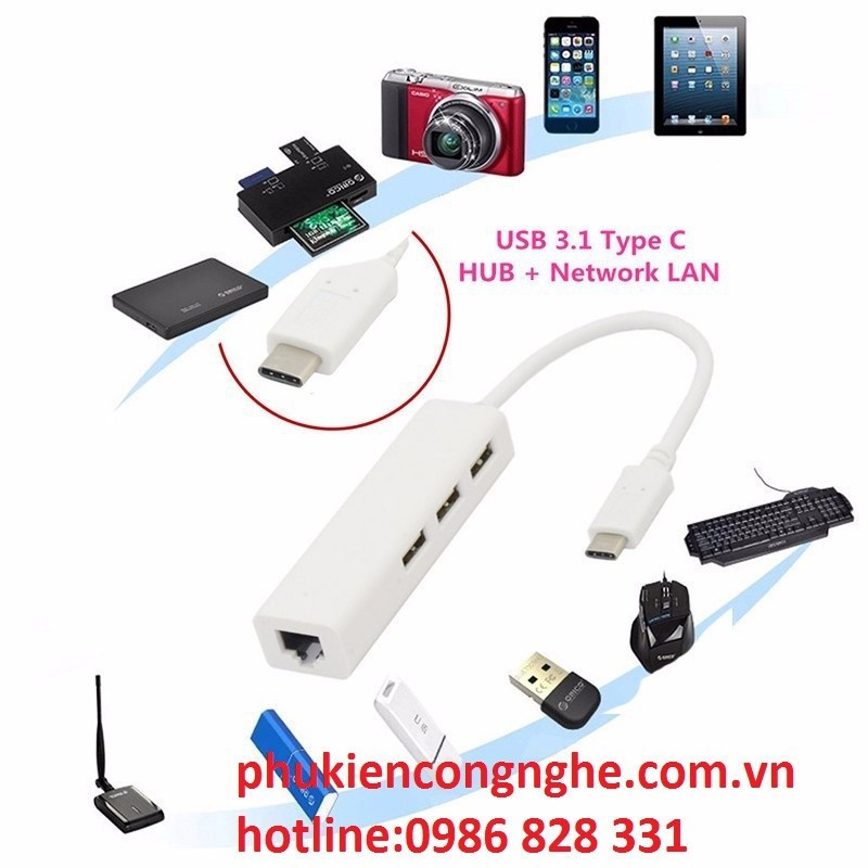 Cáp chuyển đổi USB type C ra 3 cổng USB 2.0 + cổng lan RJ45
