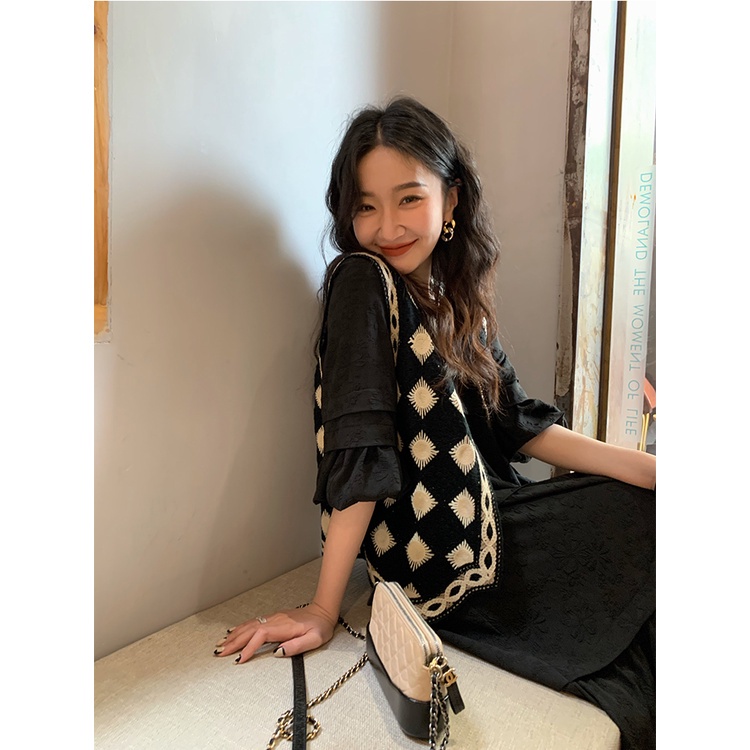 SUXI Áo dệt kim không tay màu đen thời trang mùa thu xinh xắn cho nữ